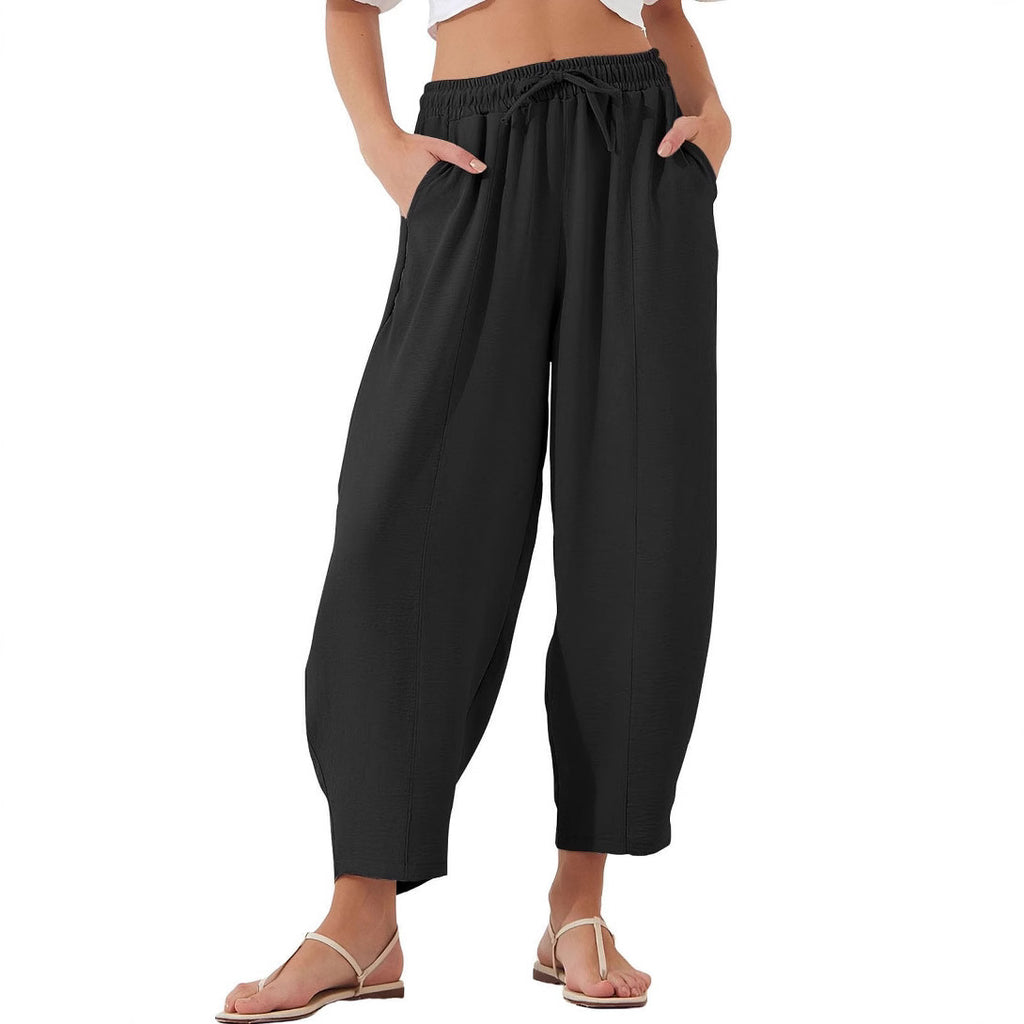 Pleated Mid-waist Straight Loose Casual Cotton And Linen Cropped Pants