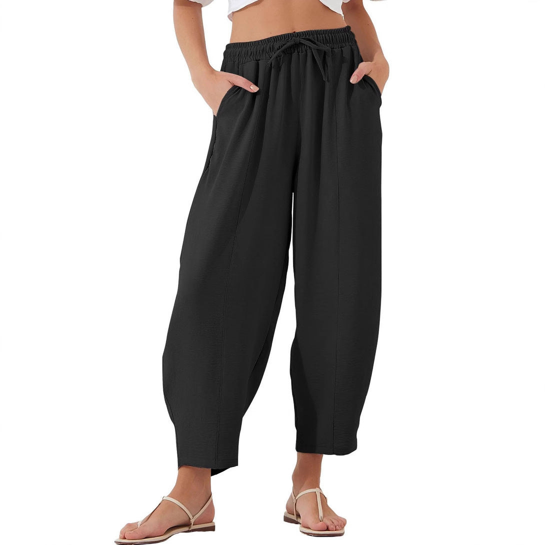 Pleated Mid-waist Straight Loose Casual Cotton And Linen Cropped Pants