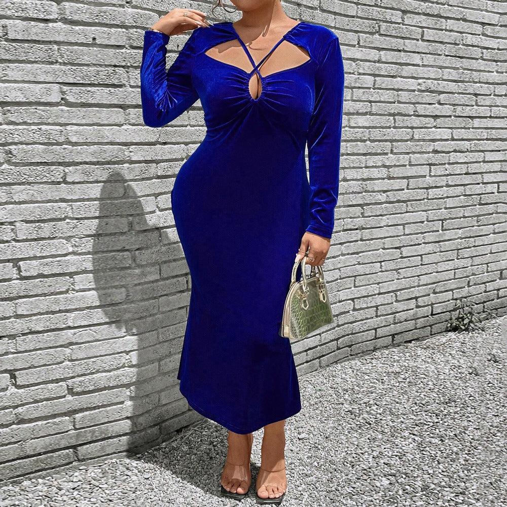 Socialite Style Korean Velvet Blue Enchantress Sexy Temperament Dress