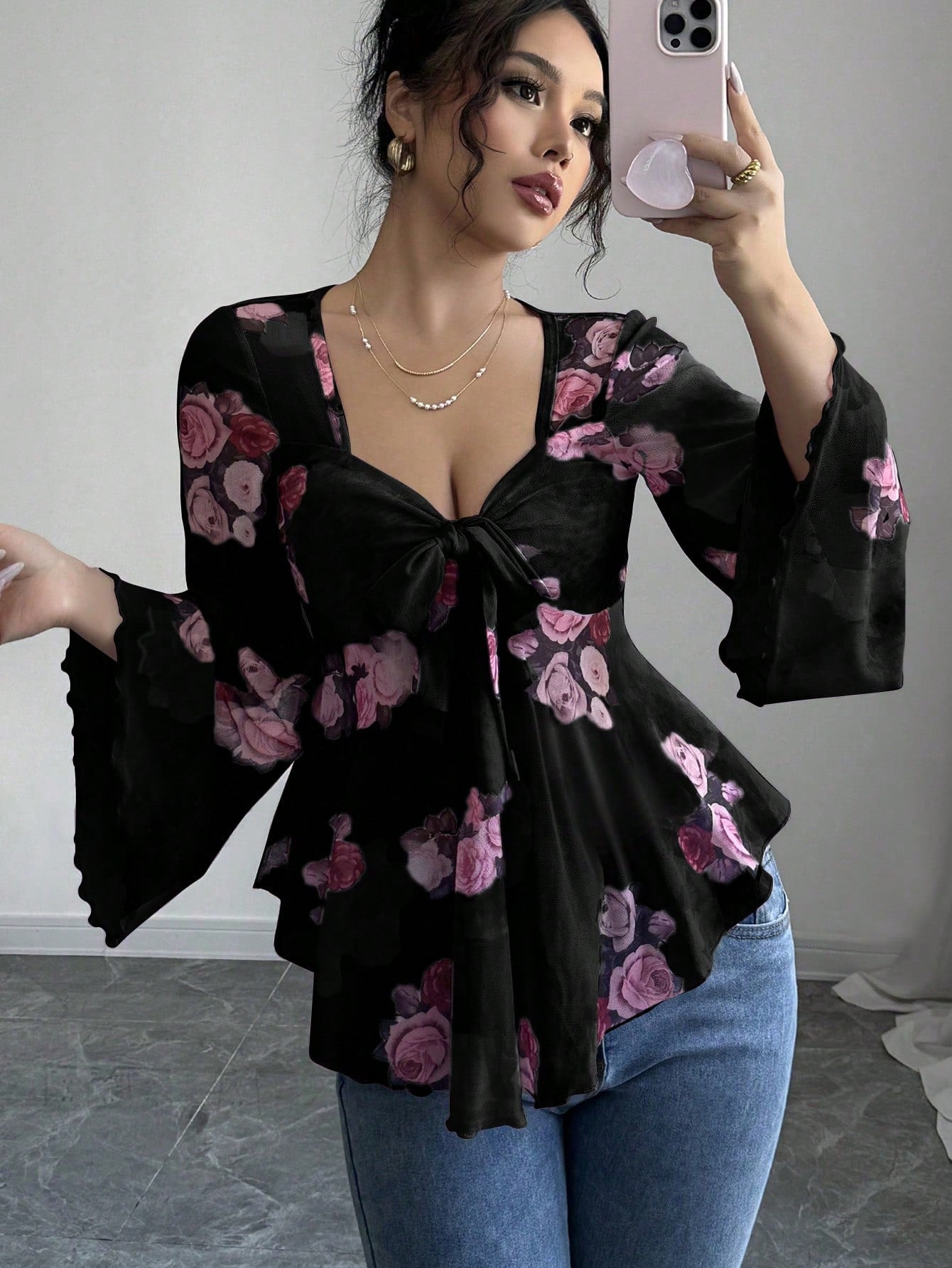 European And American Design Sense French Sweet Flower Blooming Lace-up Square Collar Long Sleeve Shirt