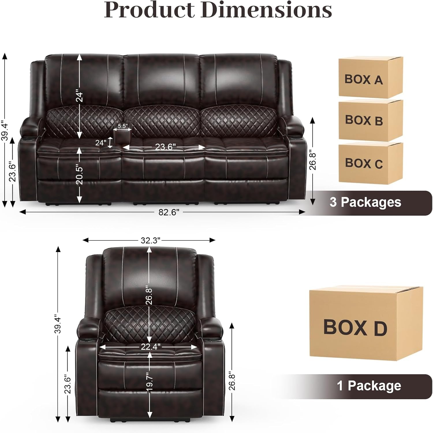 3 Seater Recliner Sofa Set with 2-Tier Cushion, 3+1 Pieces in Living Room, 3 Seater Reclining Couch Leather with Removable Console, 1 Oversize Recliner Chair Sofa Seat-1